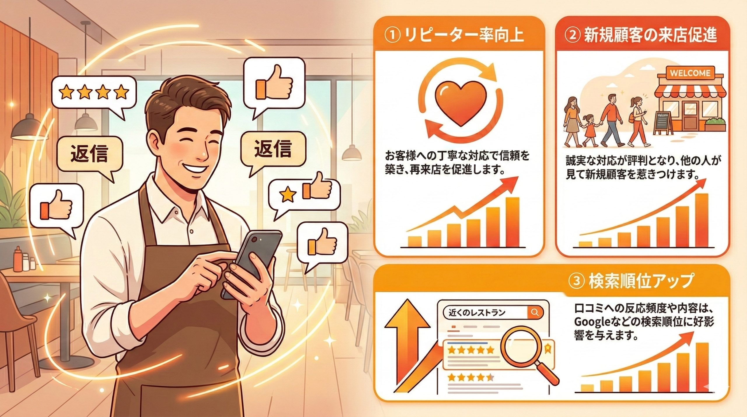 口コミ返信が飲食店の売上を左右する理由 - 図解イラスト
