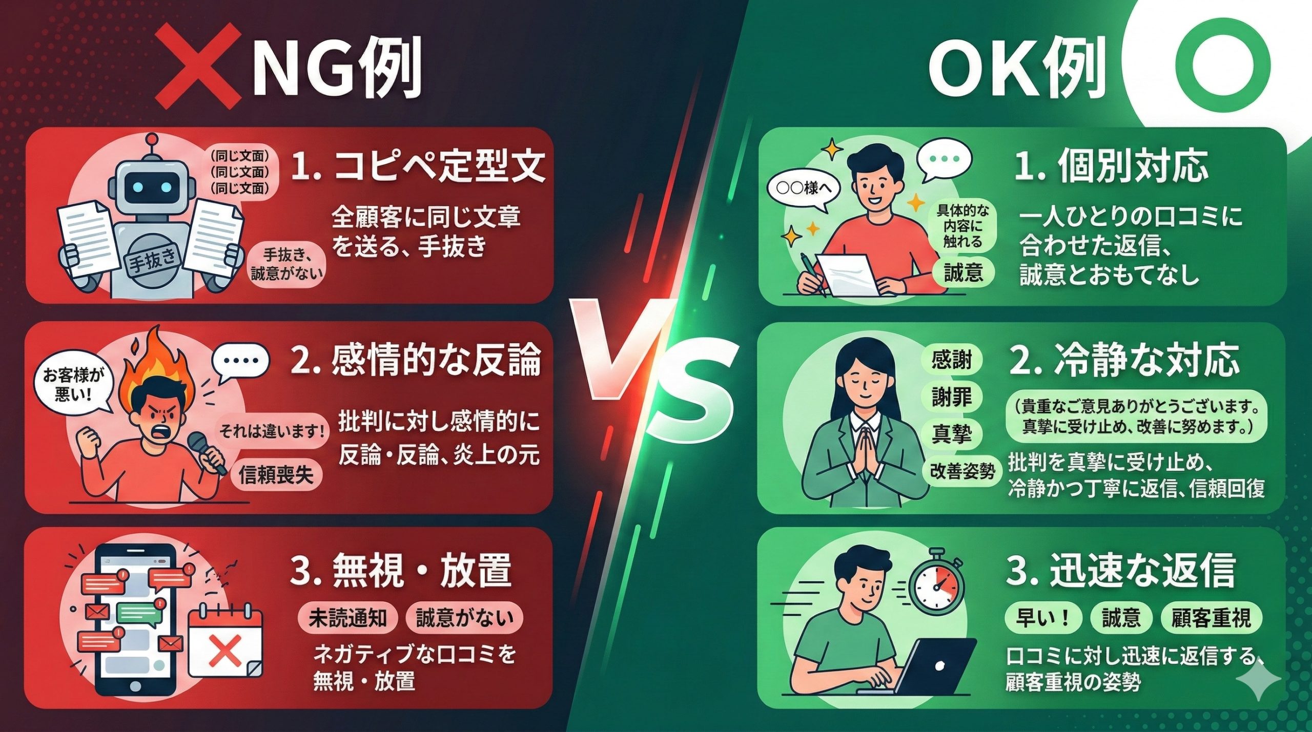 口コミ返信のNG例と注意点 - 図解イラスト