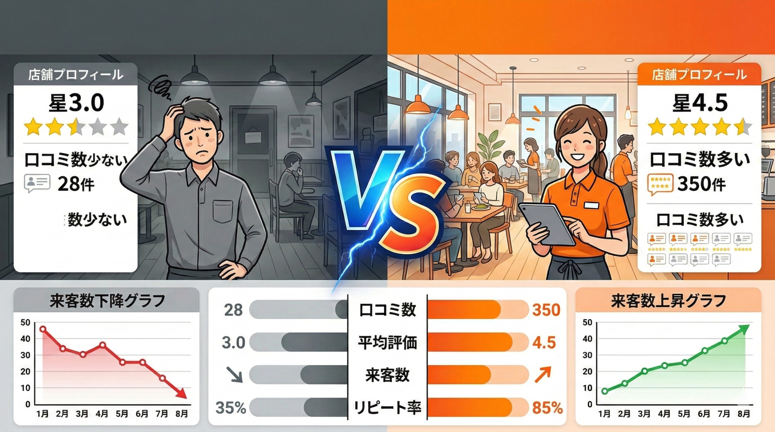 返信しないとどうなる？返信ありの店舗との差を比較 - 図解イラスト