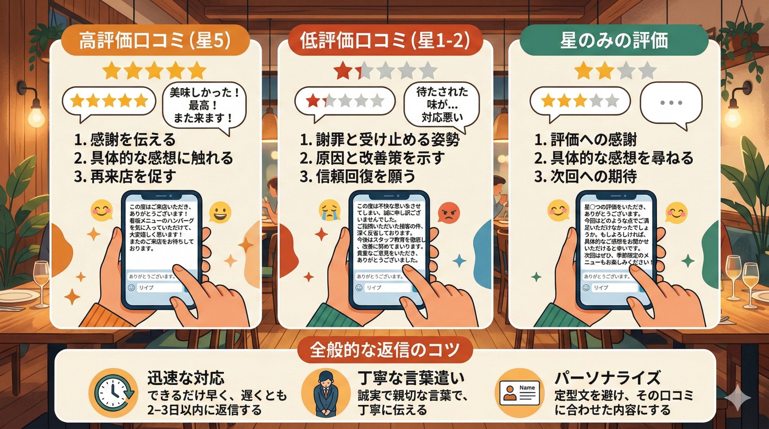 口コミの種類別・返信のコツと例文 - 図解イラスト