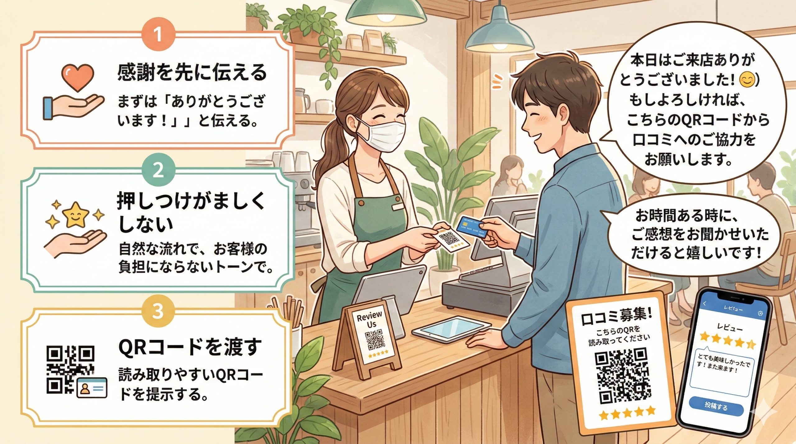 【会計時】口コミを依頼する方法と声かけ文例 - 図解イラスト