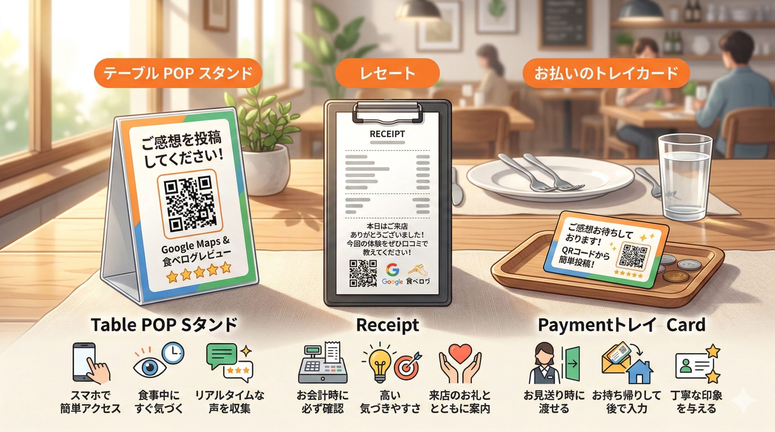 【テーブルPOP・レシート】店内ツールを使った口コミ依頼方法 - 図解イラスト