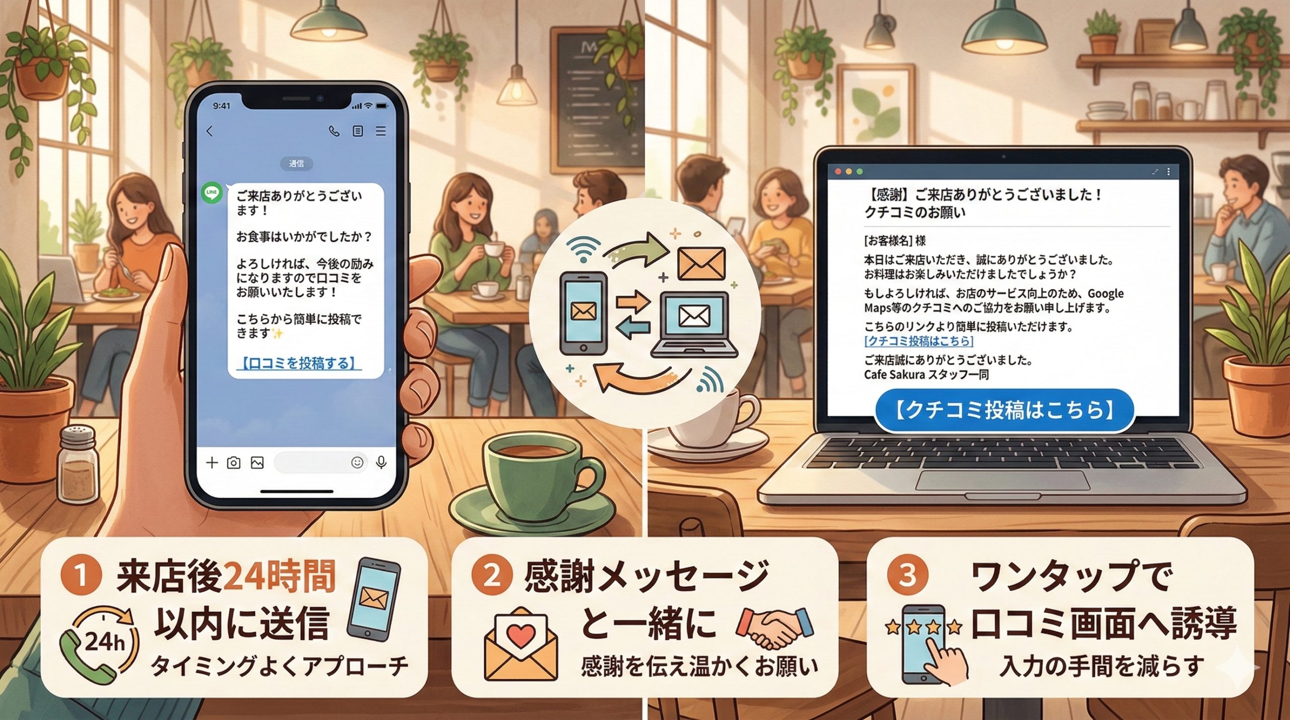 【LINE・メール】デジタルチャネルでの口コミ依頼方法 - 図解イラスト