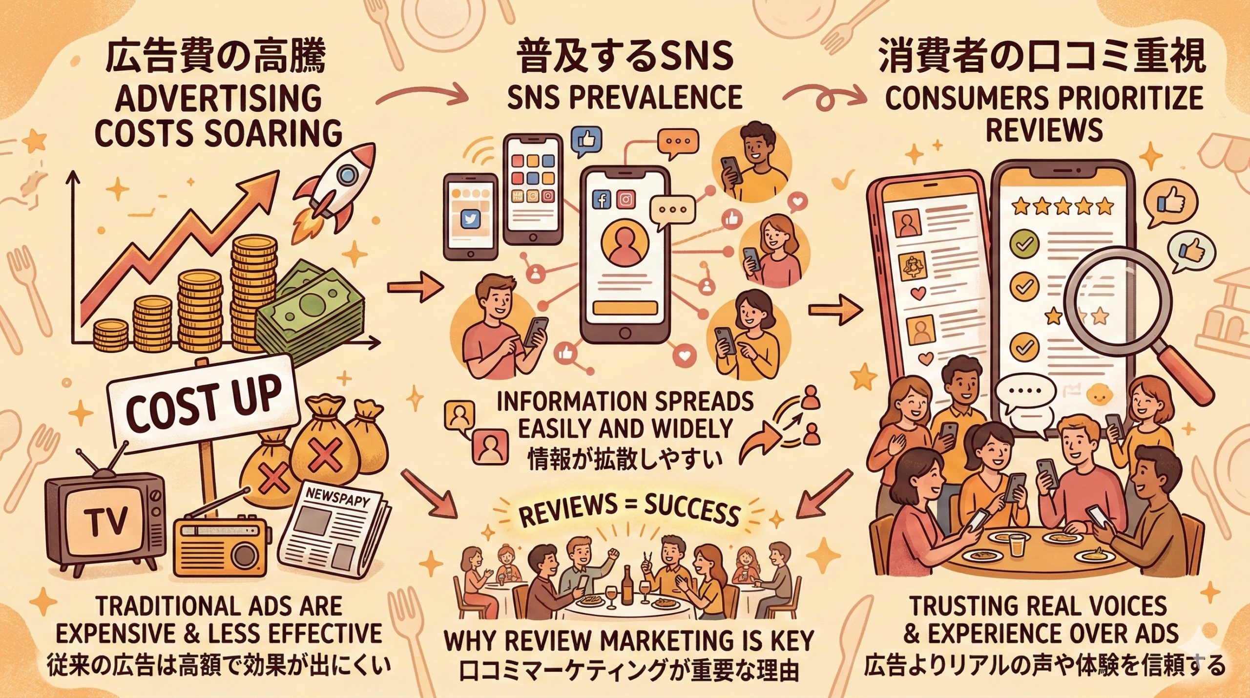 口コミマーケティング成功事例が注目される背景 - 図解イラスト