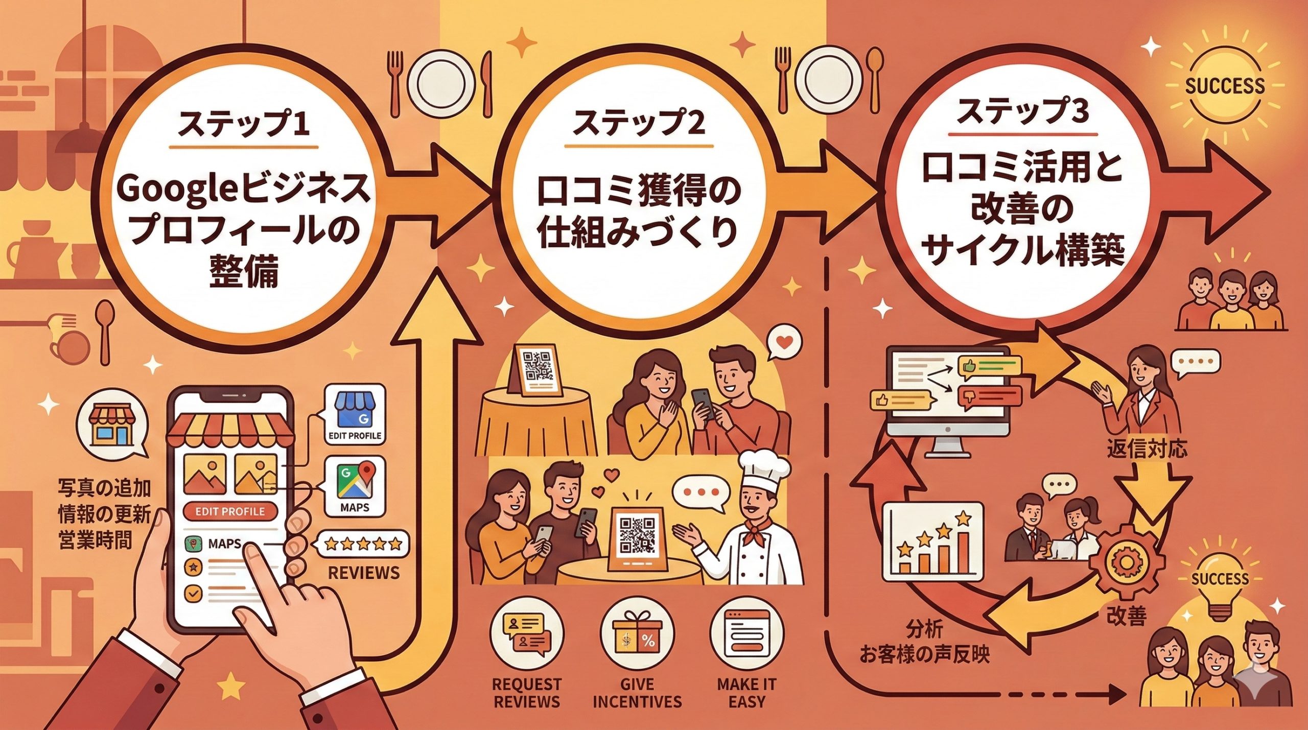 口コミマーケティングを始めるための3ステップ - 図解イラスト