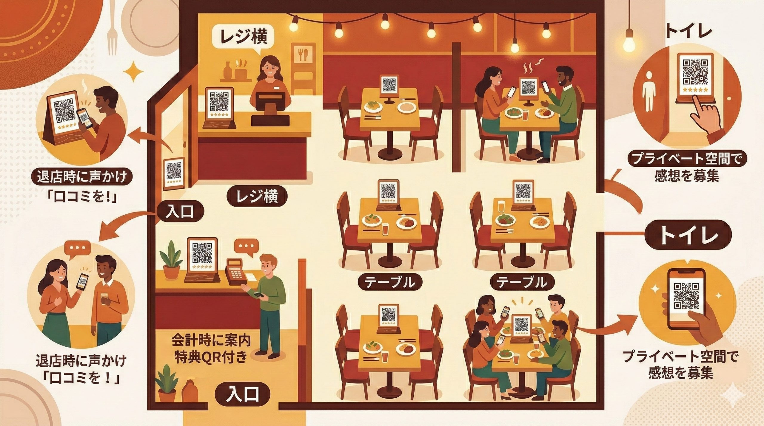 QRコード付きPOPの設置場所と活用アイデア - 図解イラスト