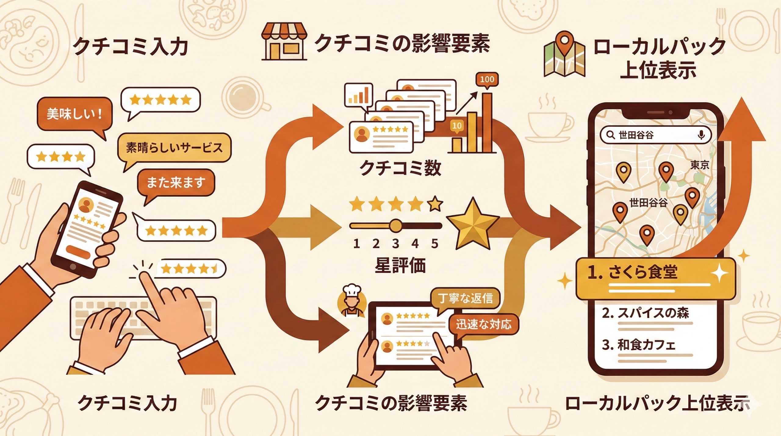 口コミがローカルパック表示に与える影響 - 図解イラスト