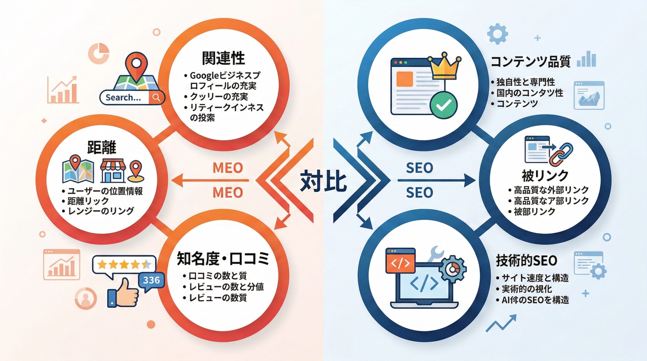 MEOとSEOの順位決定要因の違い - 図解イラスト