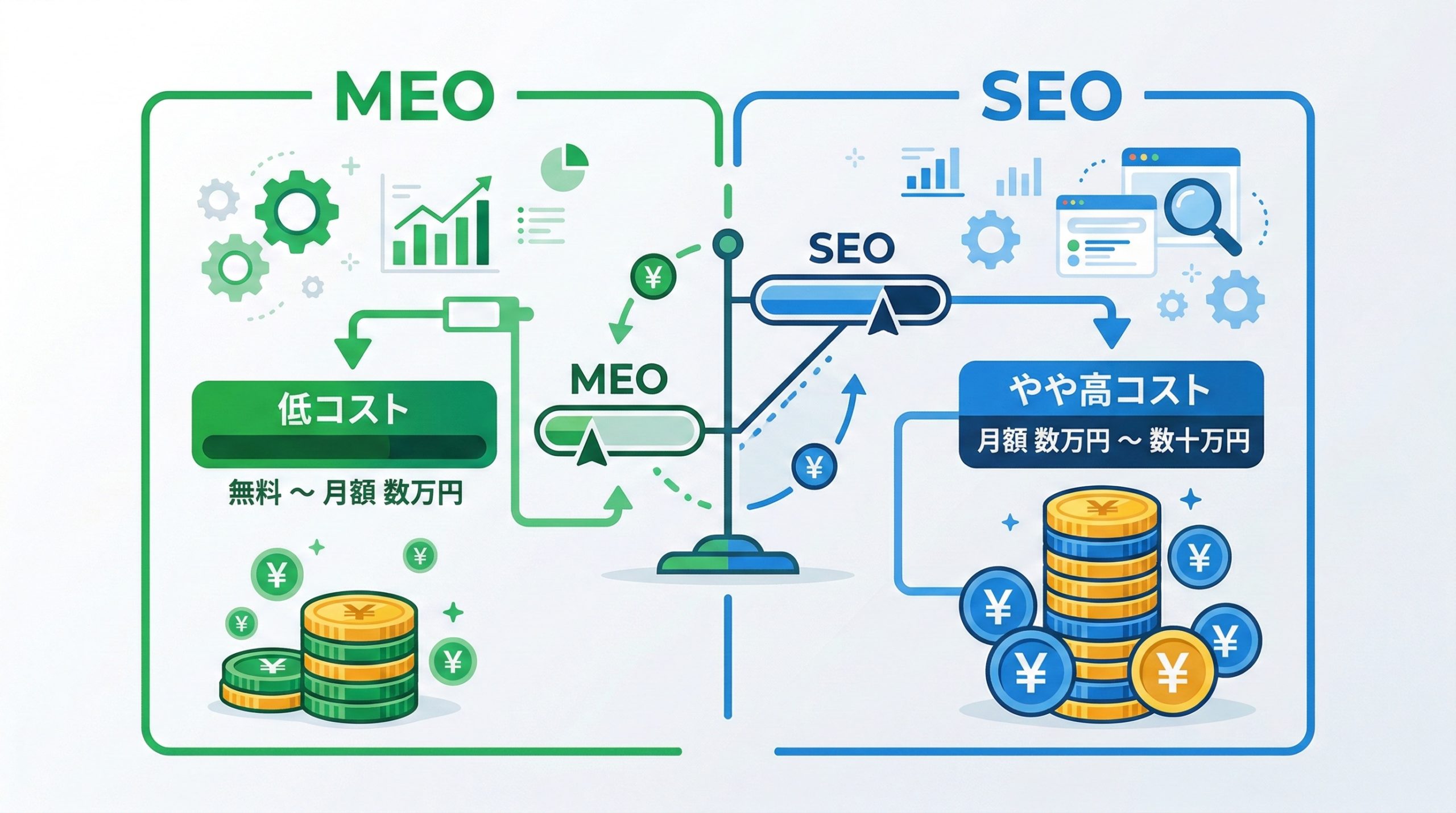 MEOとSEOの費用感の違い - 図解イラスト