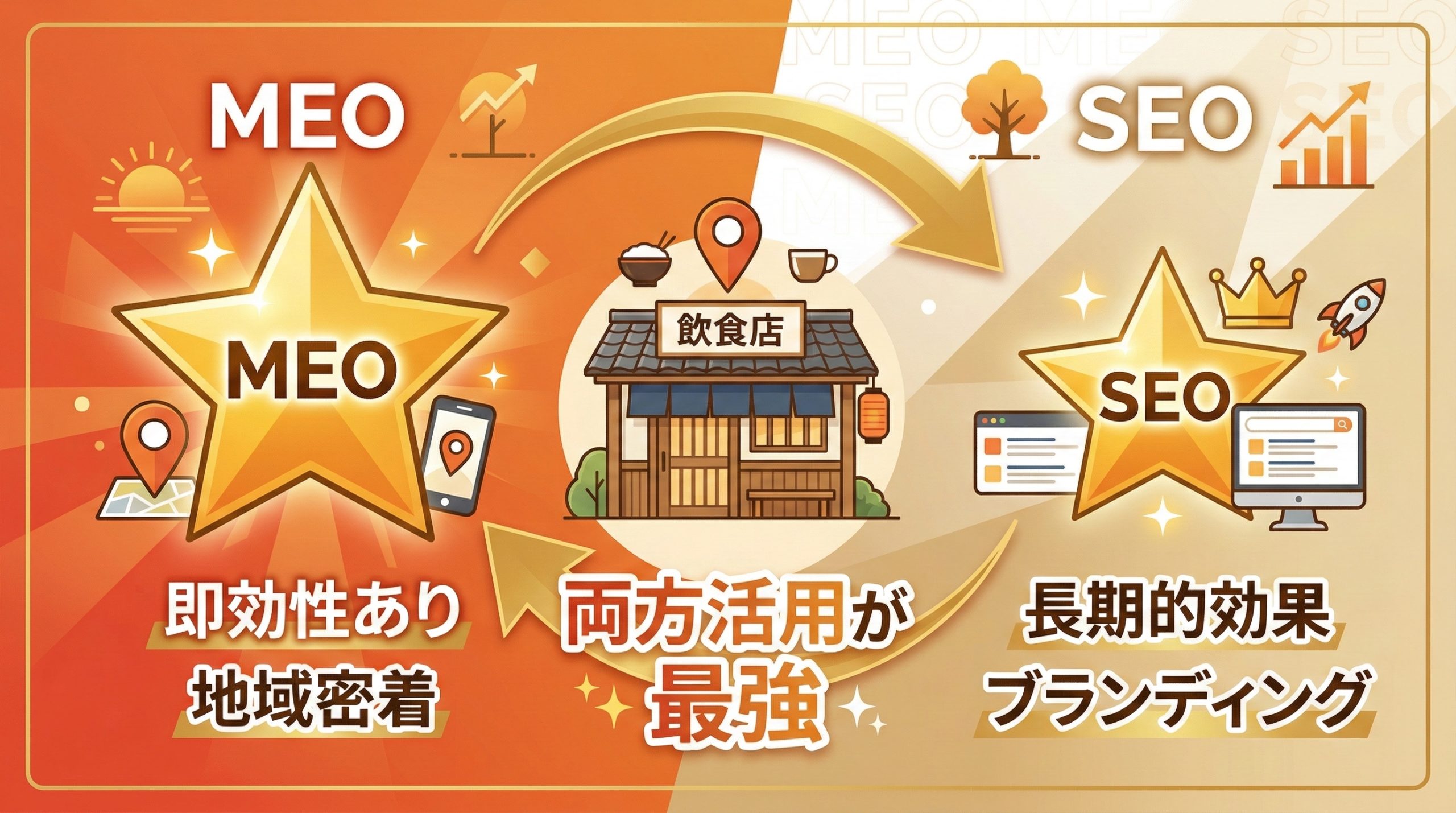 飲食店にはMEOとSEOのどちらが重要か - 図解イラスト