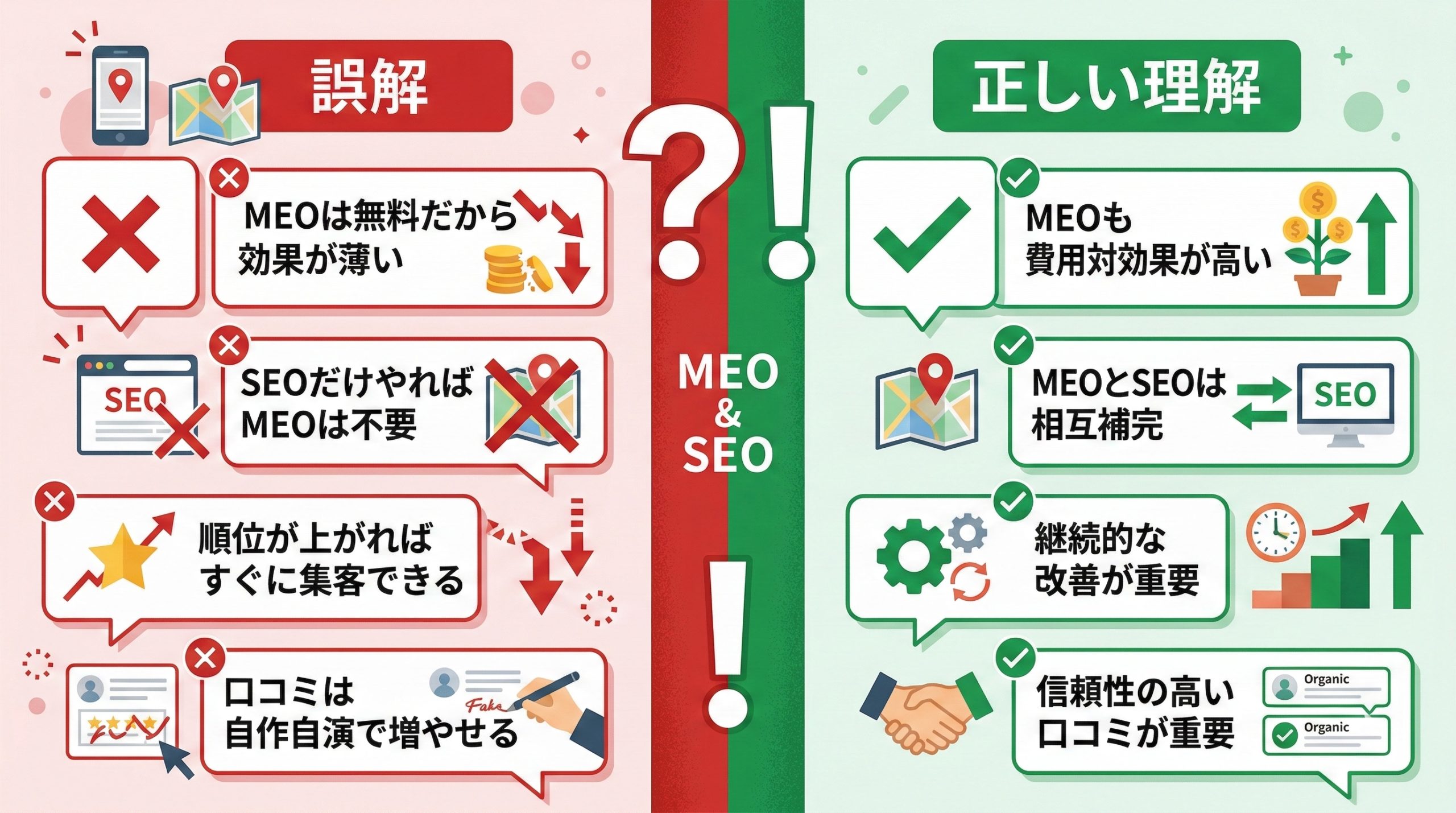 MEOとSEOに関するよくある誤解 - 図解イラスト