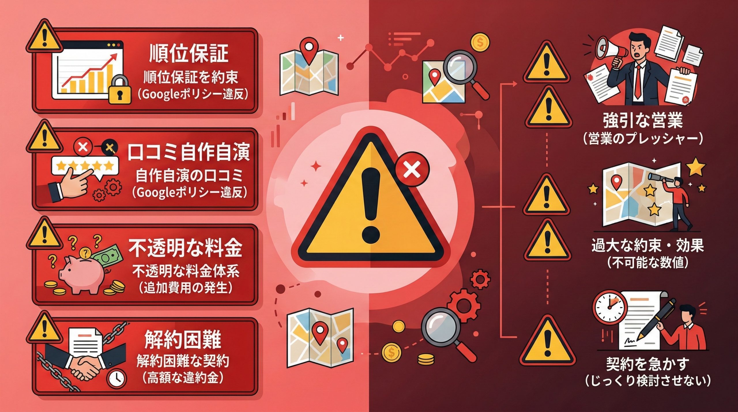 悪質なMEO対策業者の見分け方と注意点 - 図解イラスト