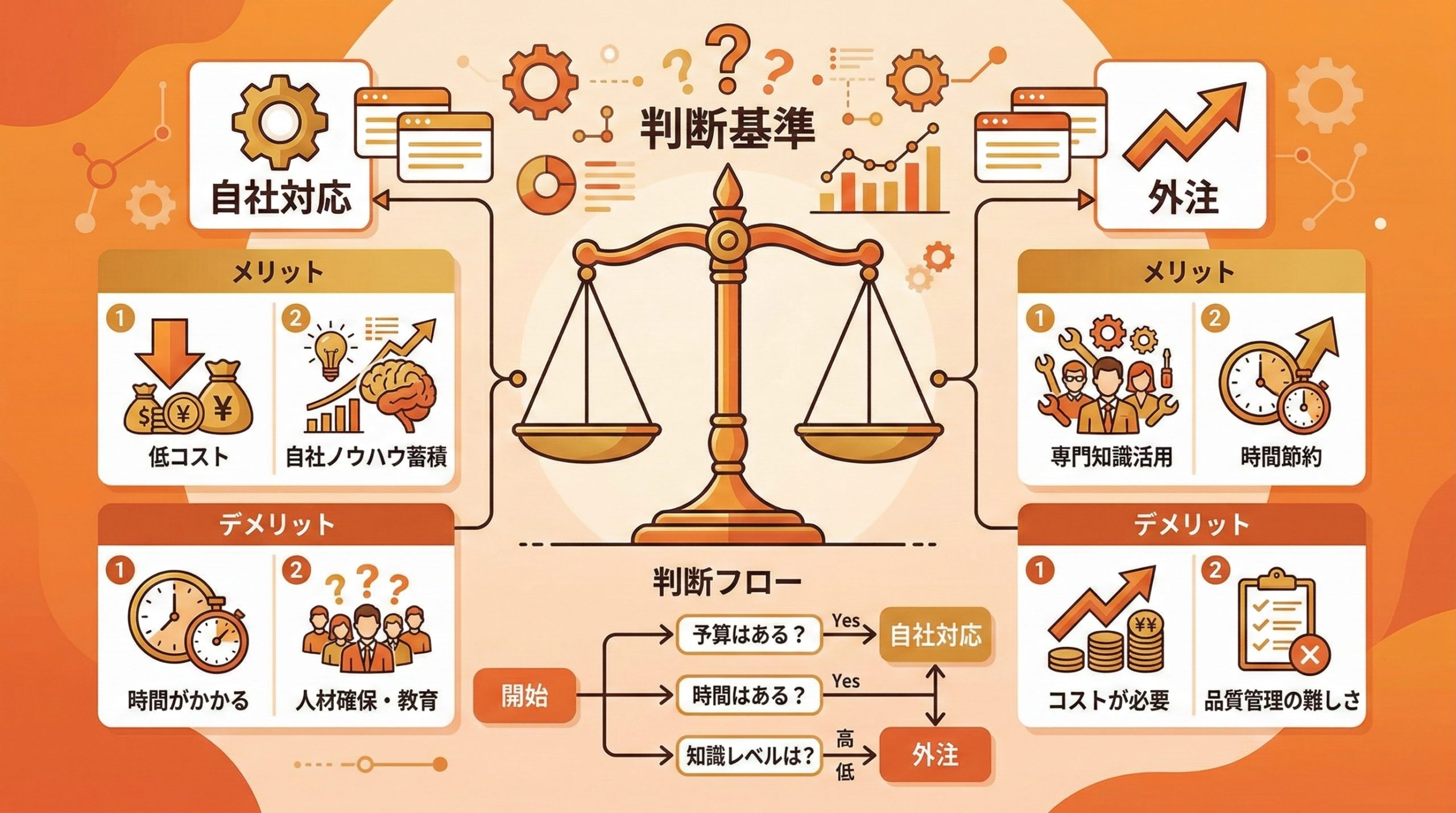 飲食店がMEO対策を自社で行うか外注するかの判断基準 - 図解イラスト