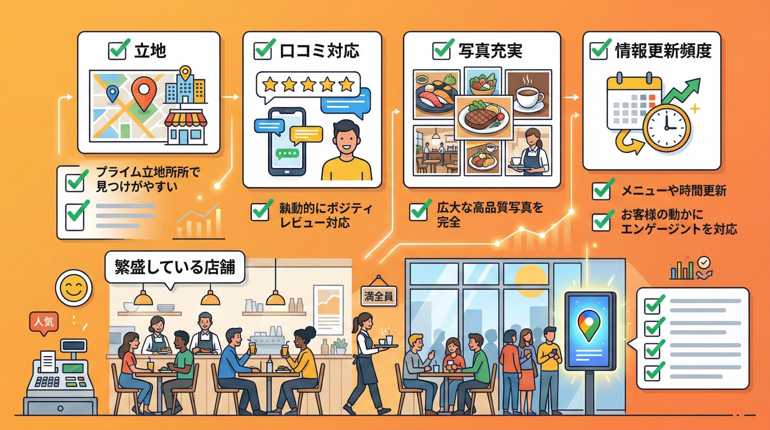 MEOの効果が出やすい飲食店の特徴 - 図解イラスト