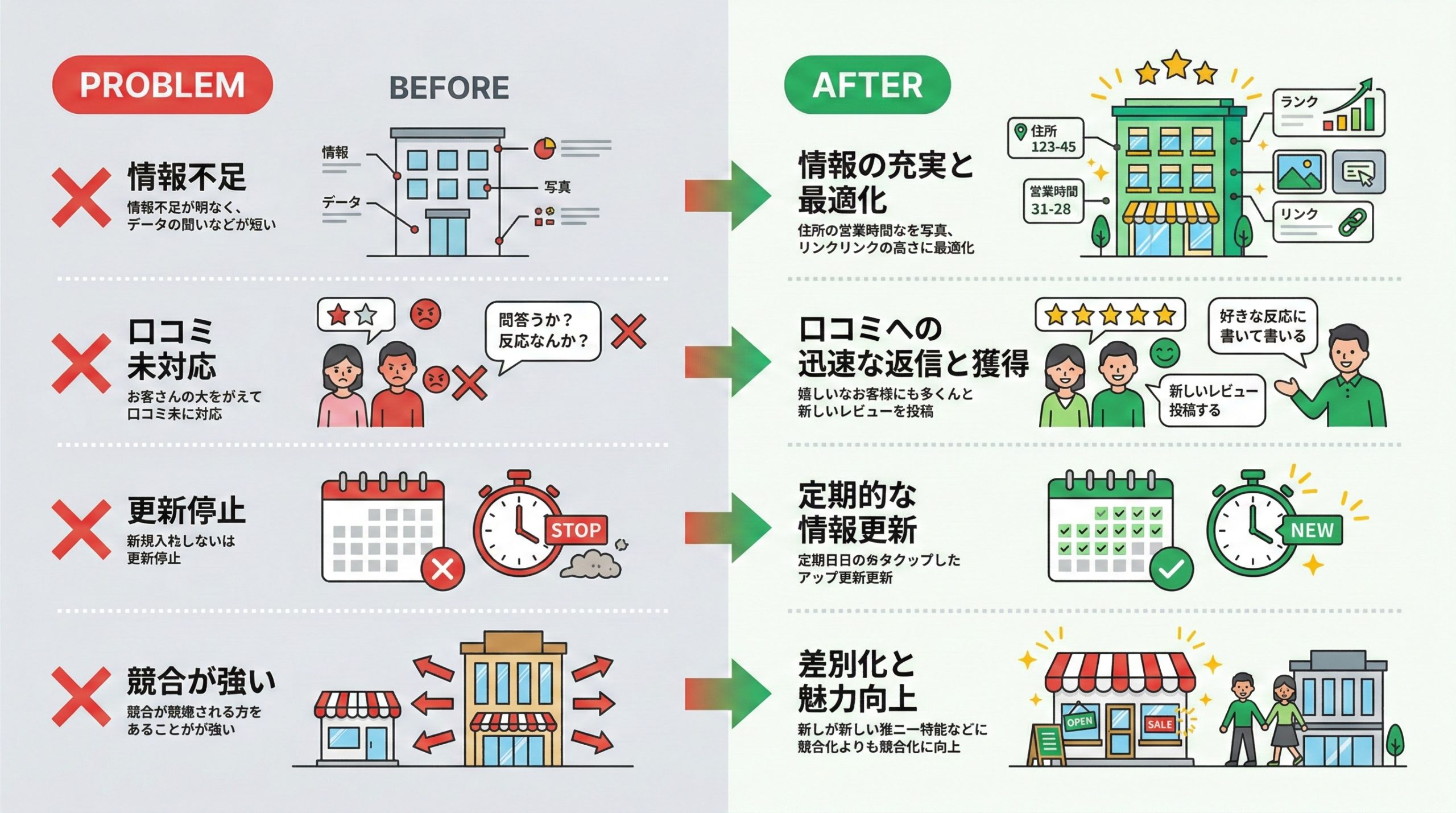 MEO対策の効果が出にくい原因と対処法 - 図解イラスト