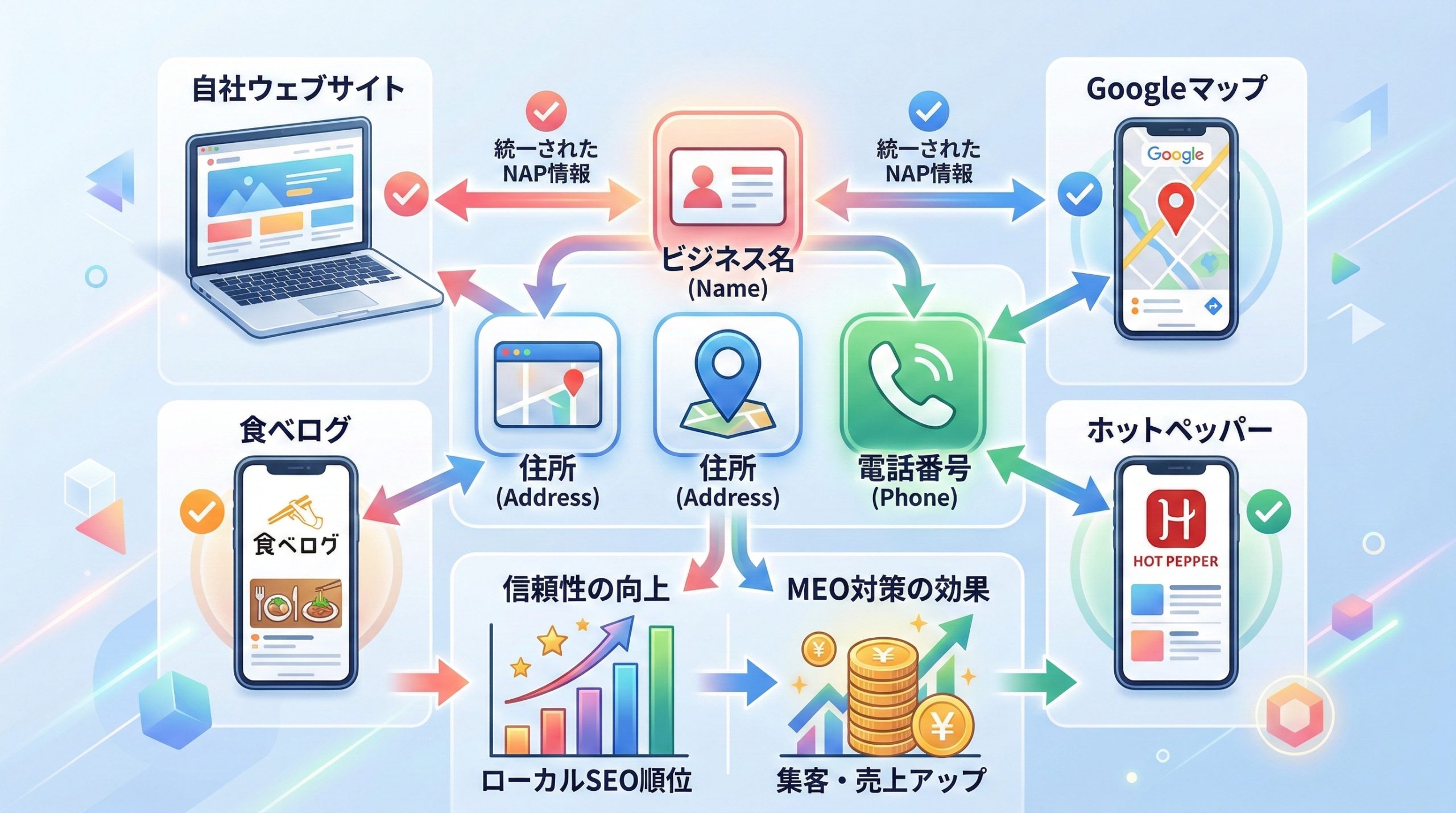 NAP情報の統一とサイテーション対策 - 図解イラスト
