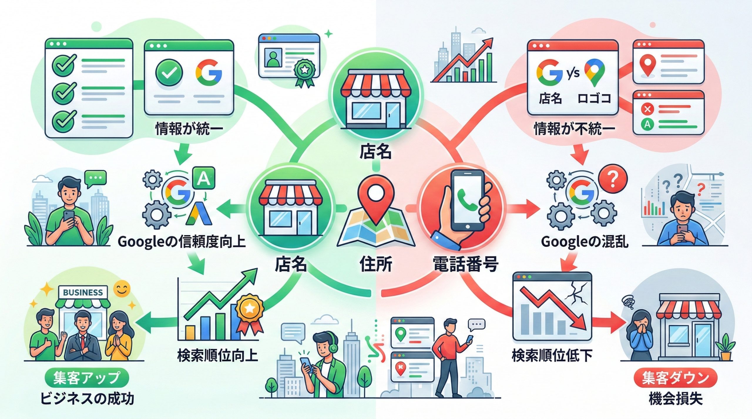 NAP情報の統一がMEO対策に欠かせない理由 - 図解イラスト