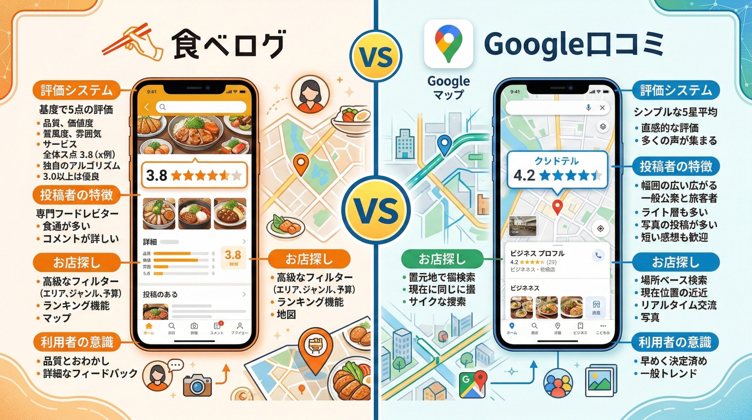 飲食店の食べログとGoogle口コミの違いを徹底比較 - 図解イラスト
