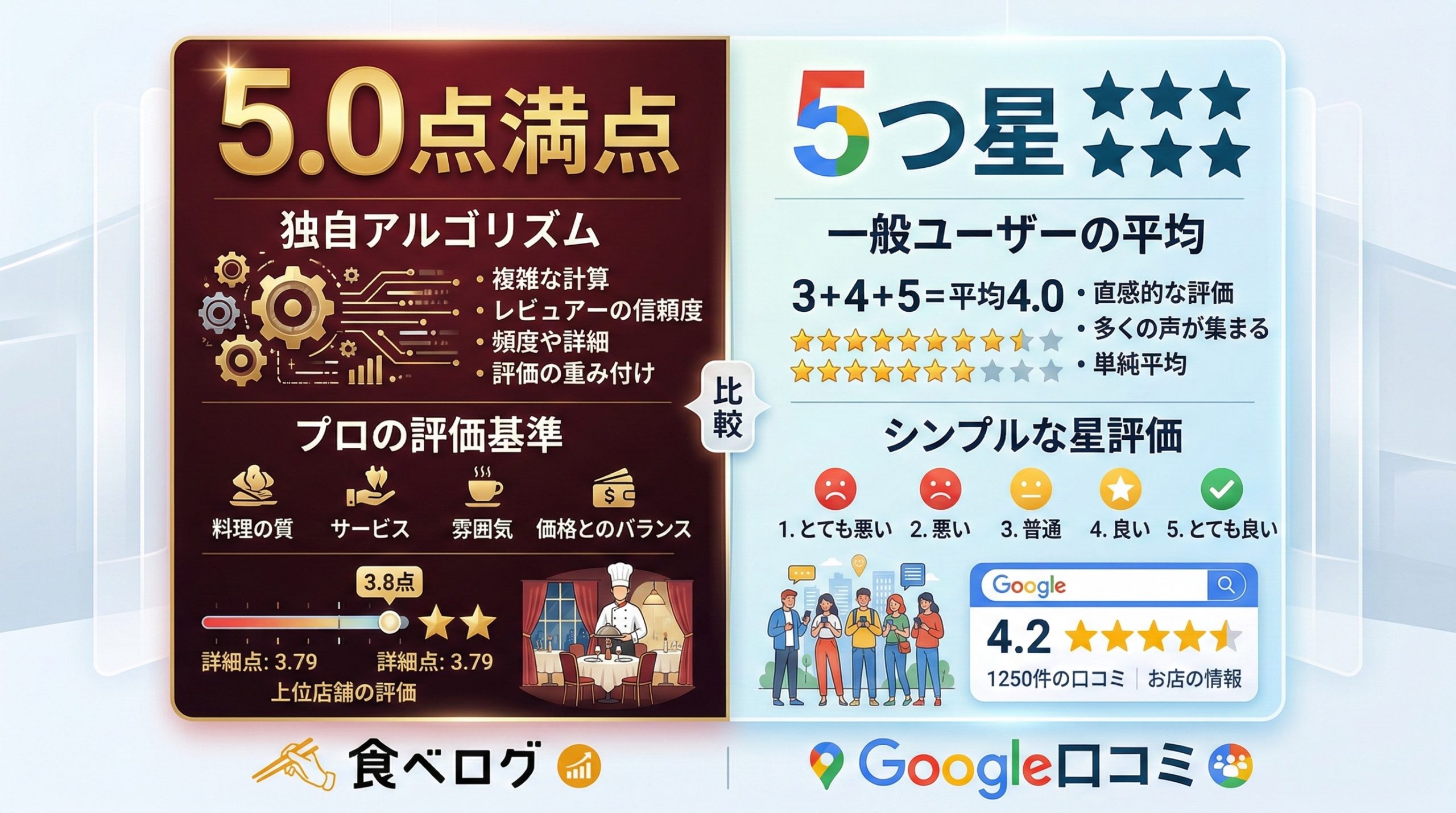 評価基準・点数の仕組みの違い - 図解イラスト