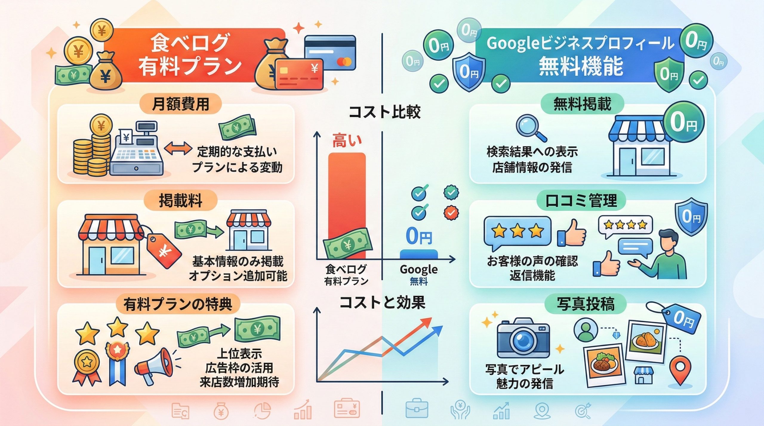 費用面の違い|食べログ有料 vs Google無料 - 図解イラスト
