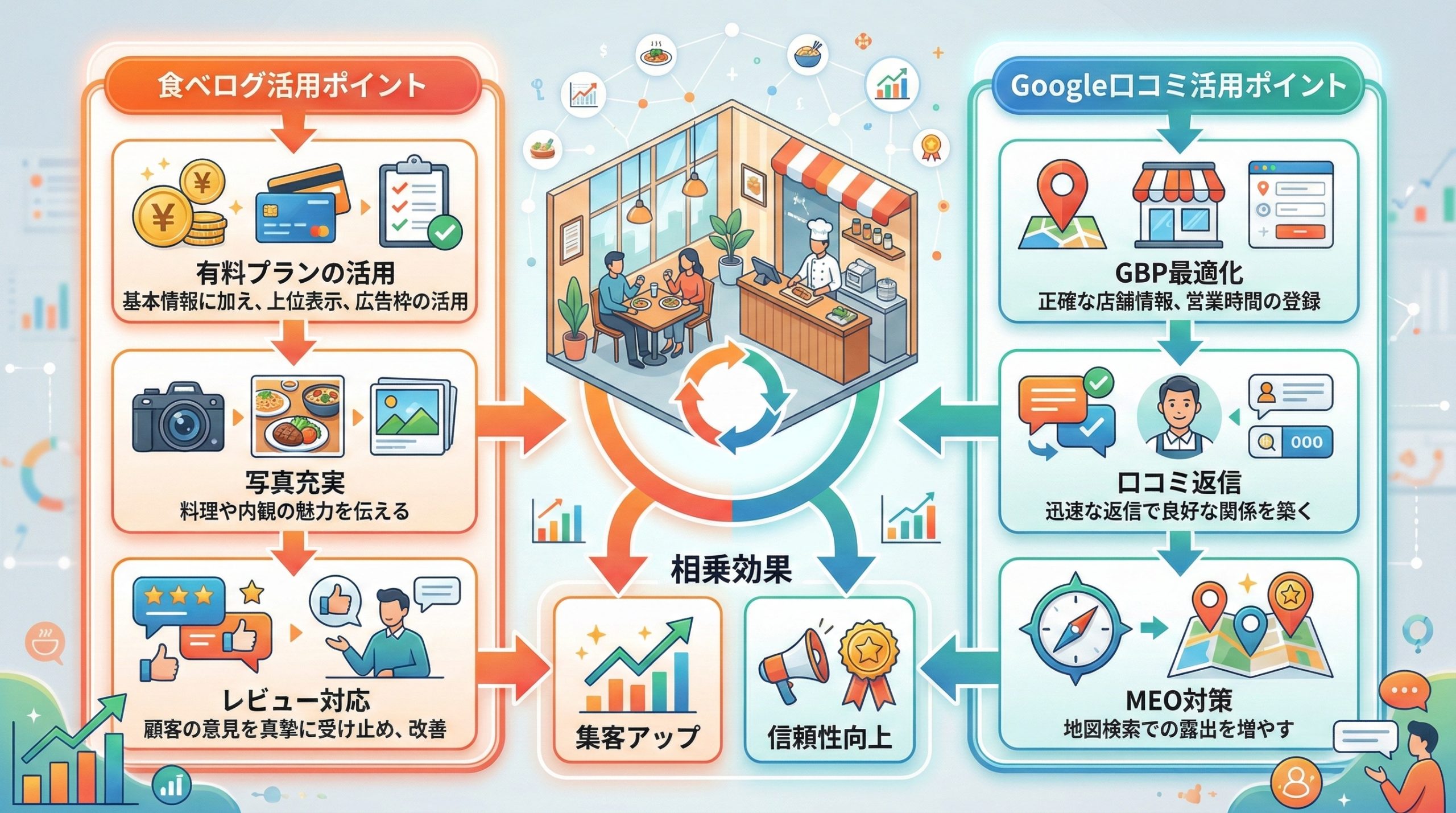 両方を効果的に活用する戦略 - 図解イラスト