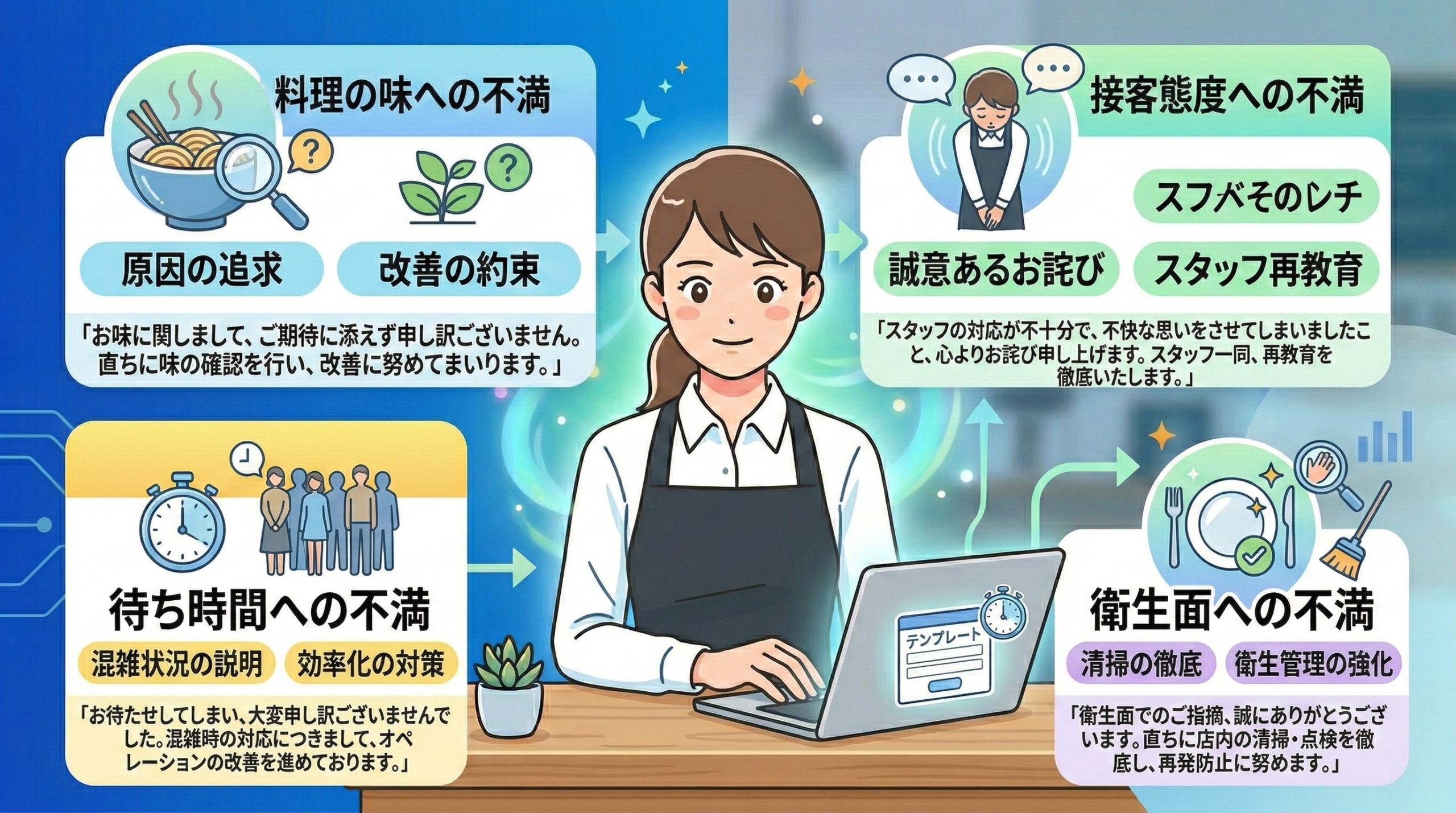 【パターン別】口コミクレームへの返信例文集 - 図解イラスト