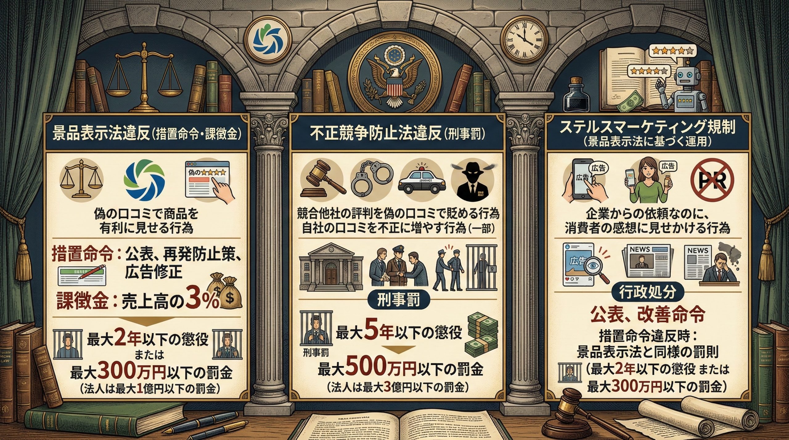 やらせ口コミのリスク②:法的リスクと罰則 - 図解イラスト