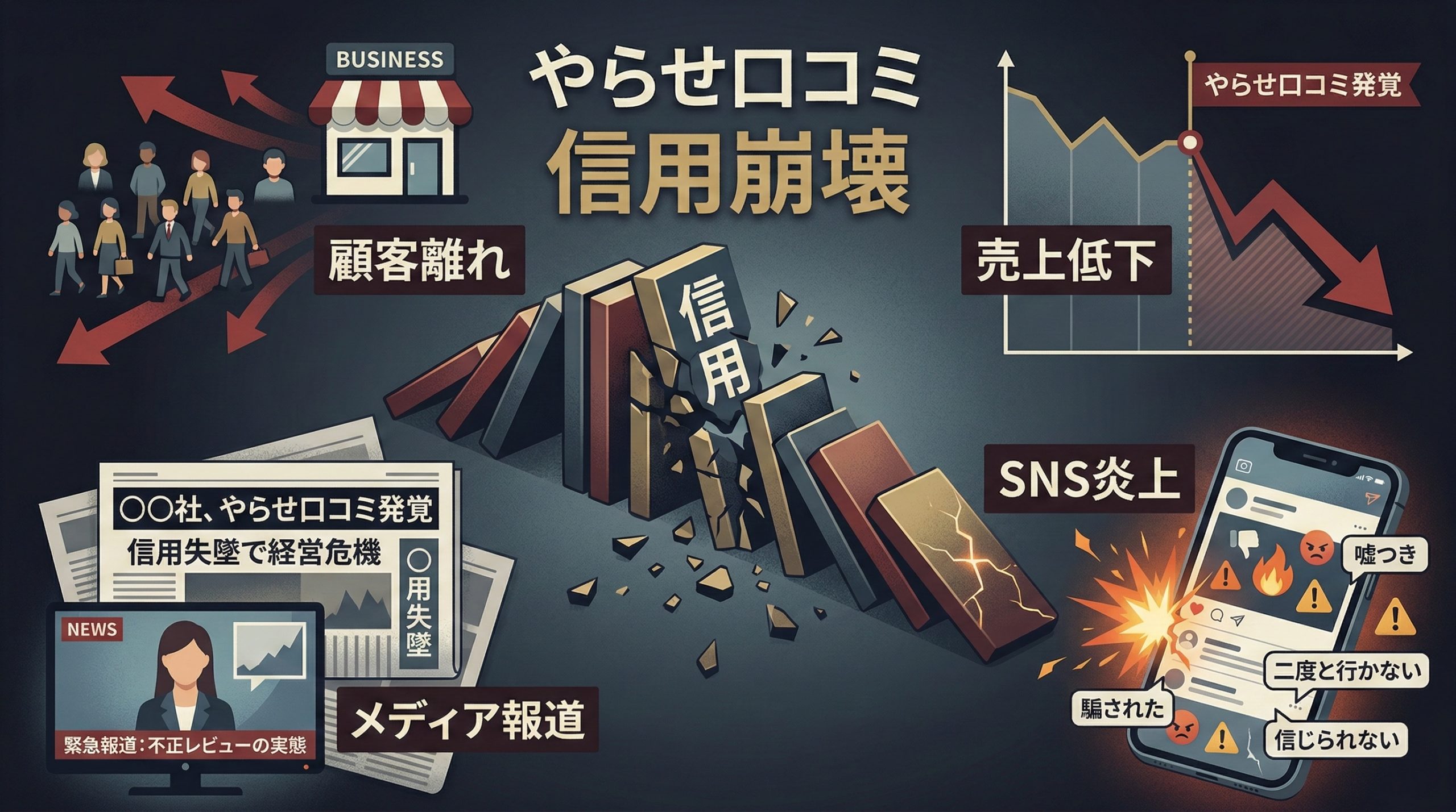 やらせ口コミのリスク③:信用毀損と経営への打撃 - 図解イラスト