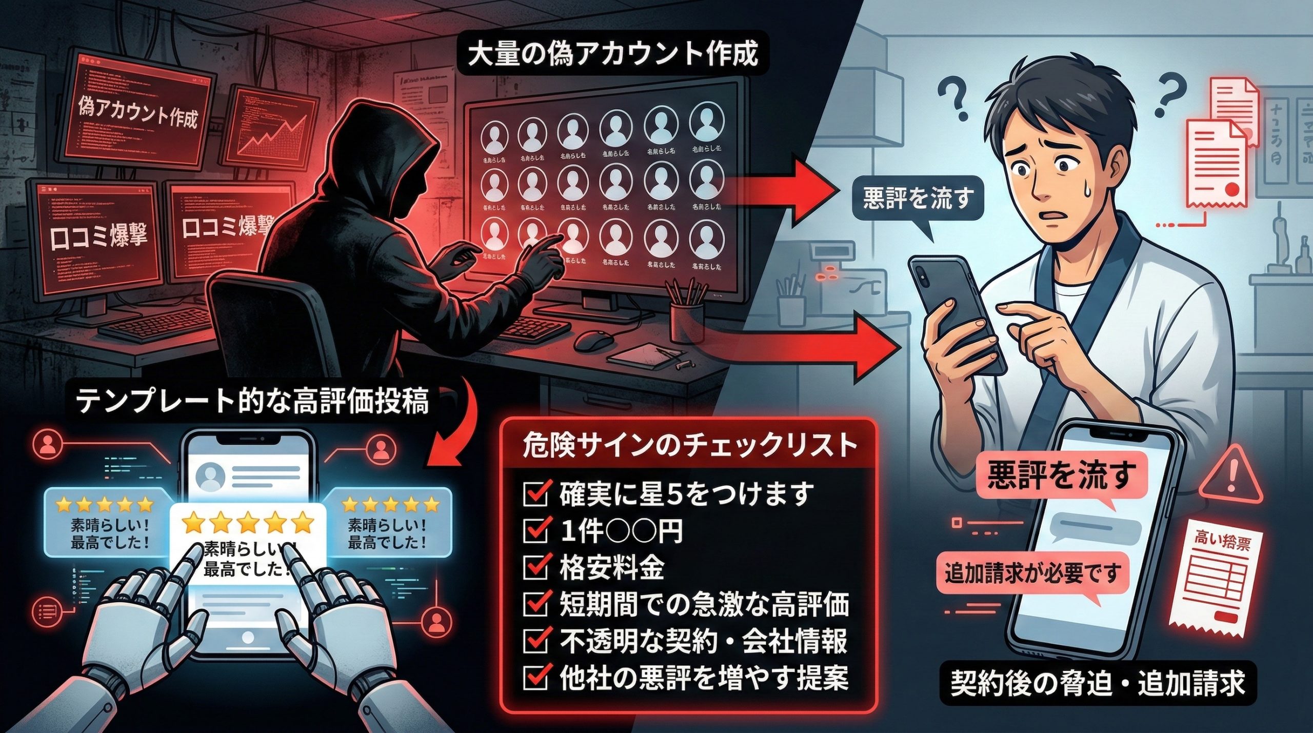 口コミ代行業者の危険性 - 図解イラスト
