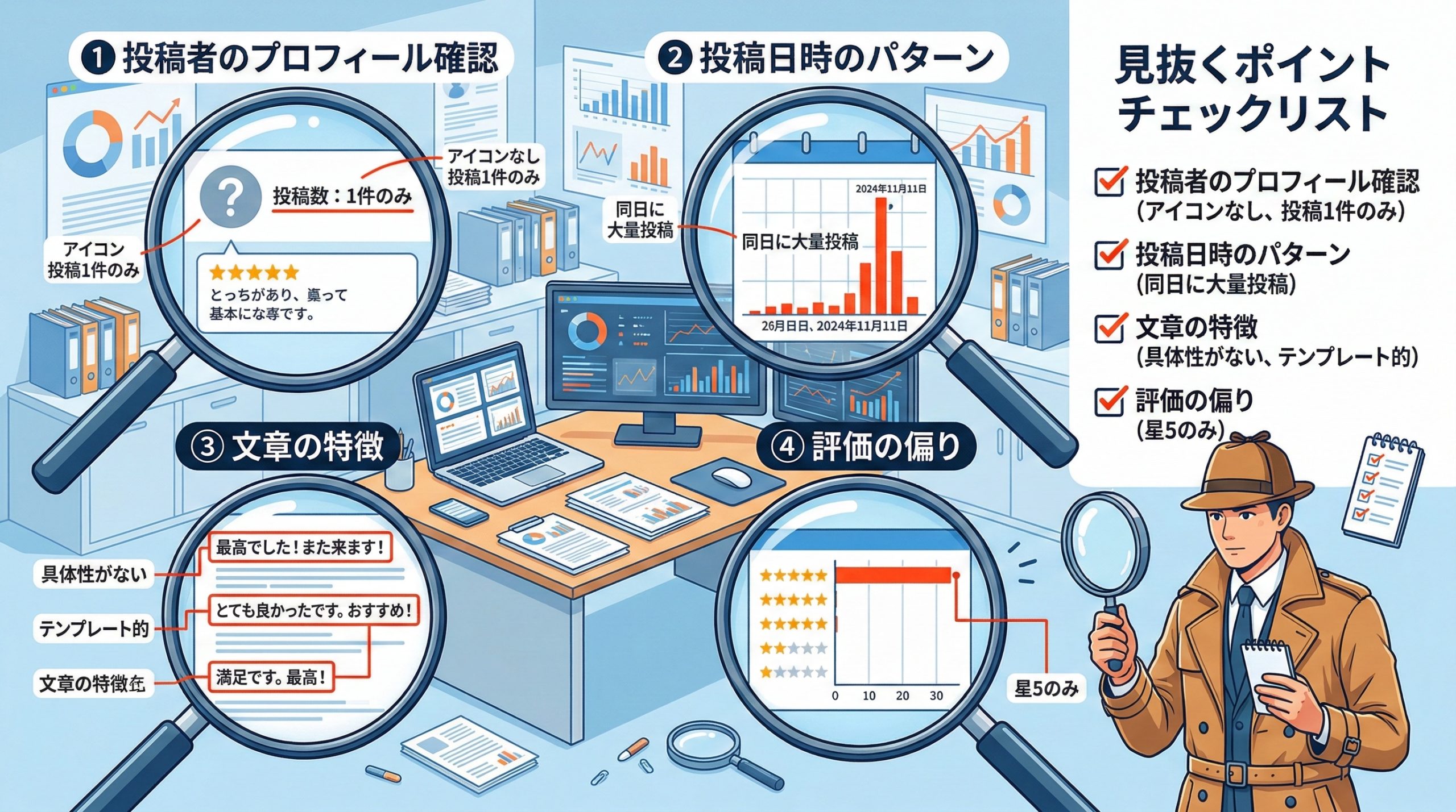 やらせ口コミを見抜く方法 - 図解イラスト