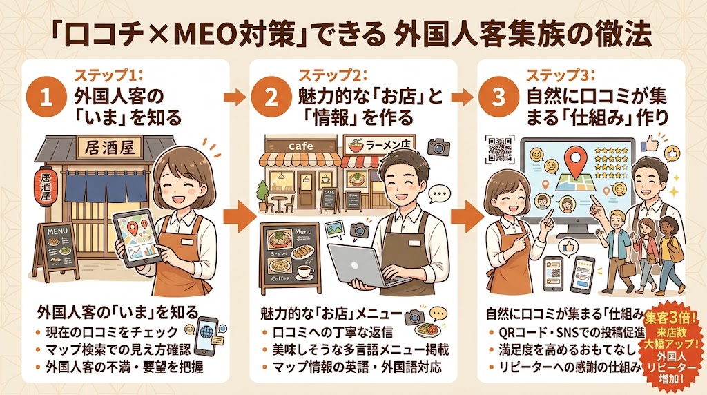まとめ:外国人集客は「口コミ×MEO対策」が成功の鍵