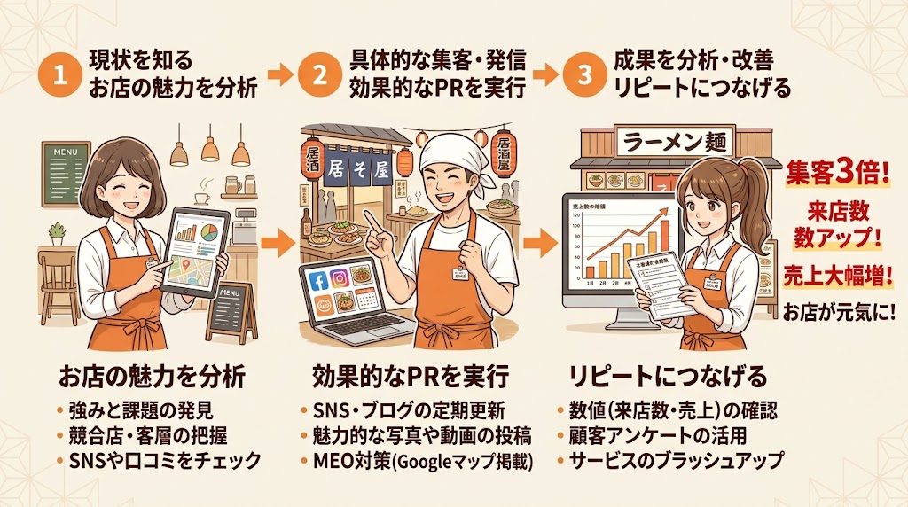 【ステップ別】飲食店集客を成功させる4つの手順