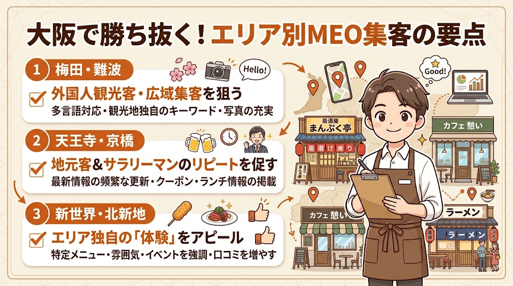 大阪の主要エリア別MEO対策戦略