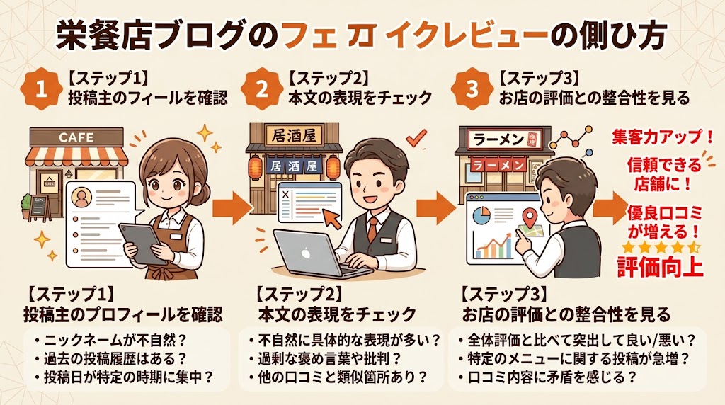 偽装口コミを見分ける3つのチェックポイント