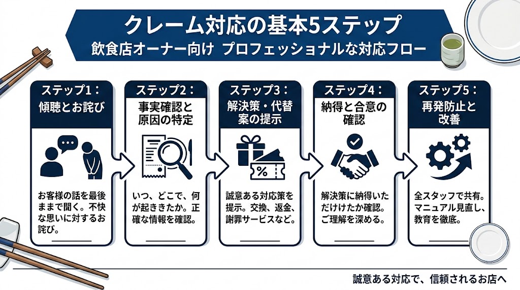クレーム対応の基本5ステップの図解
