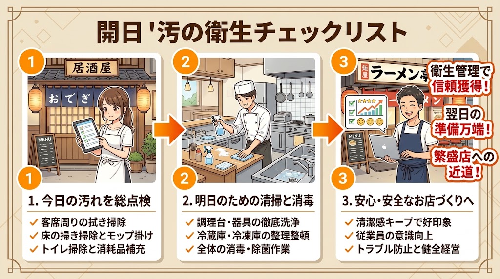 閉店後の衛生管理チェックリスト|翌日の安全を守る清掃と消毒