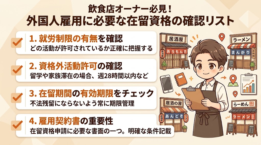飲食店で外国人を雇用できる在留資格の種類を理解する
