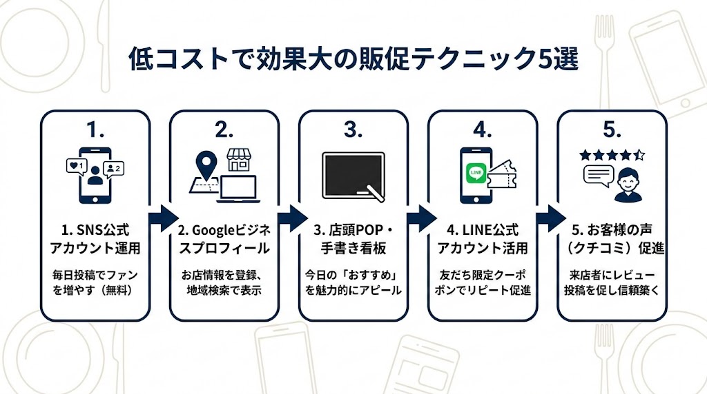 低コスト販促テクニック5選の図解