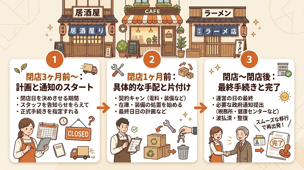 閉店手続きの全体スケジュール｜3ヶ月前から閉店後まで