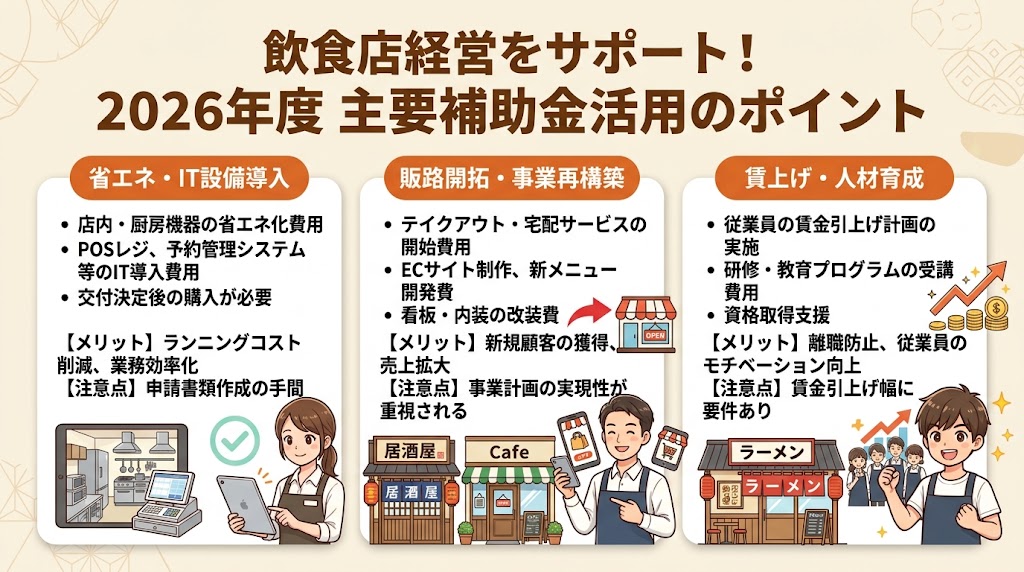 飲食店が使える主要補助金一覧【2026年度版】