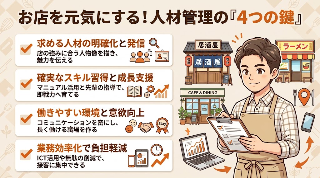 まとめ:飲食店の人材管理は「採用→教育→定着→効率化」の全方位で取り組む