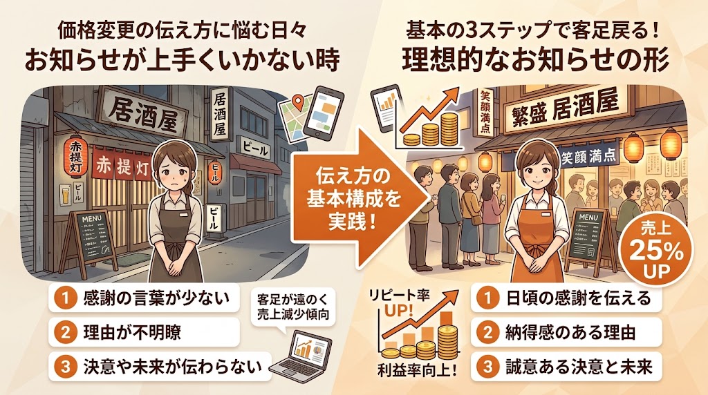 値上げお知らせの基本構成|感謝→理由→決意の3ステップ