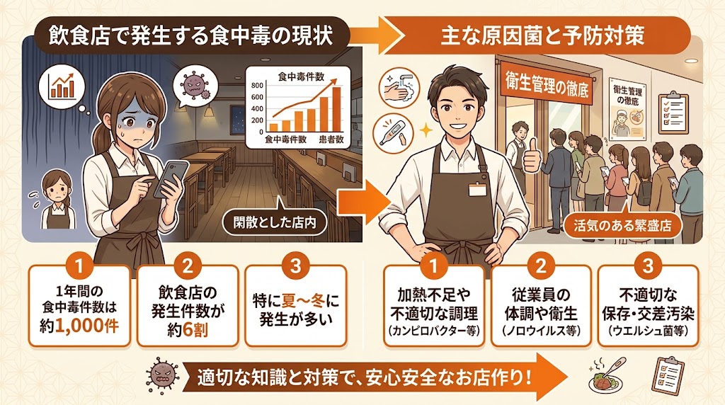 飲食店で発生する食中毒の現状と主な原因菌