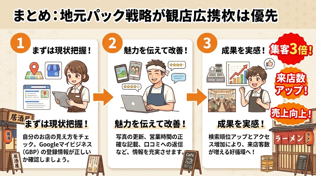 まとめ｜ローカルパック対策は飲食店集客の最優先事項