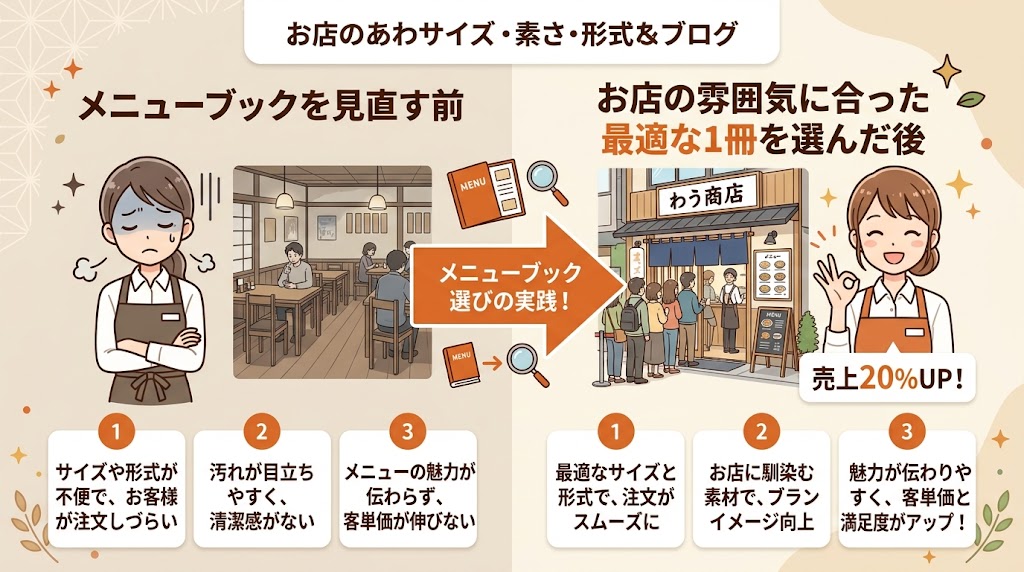 メニューブックの選び方｜サイズ・素材・形式